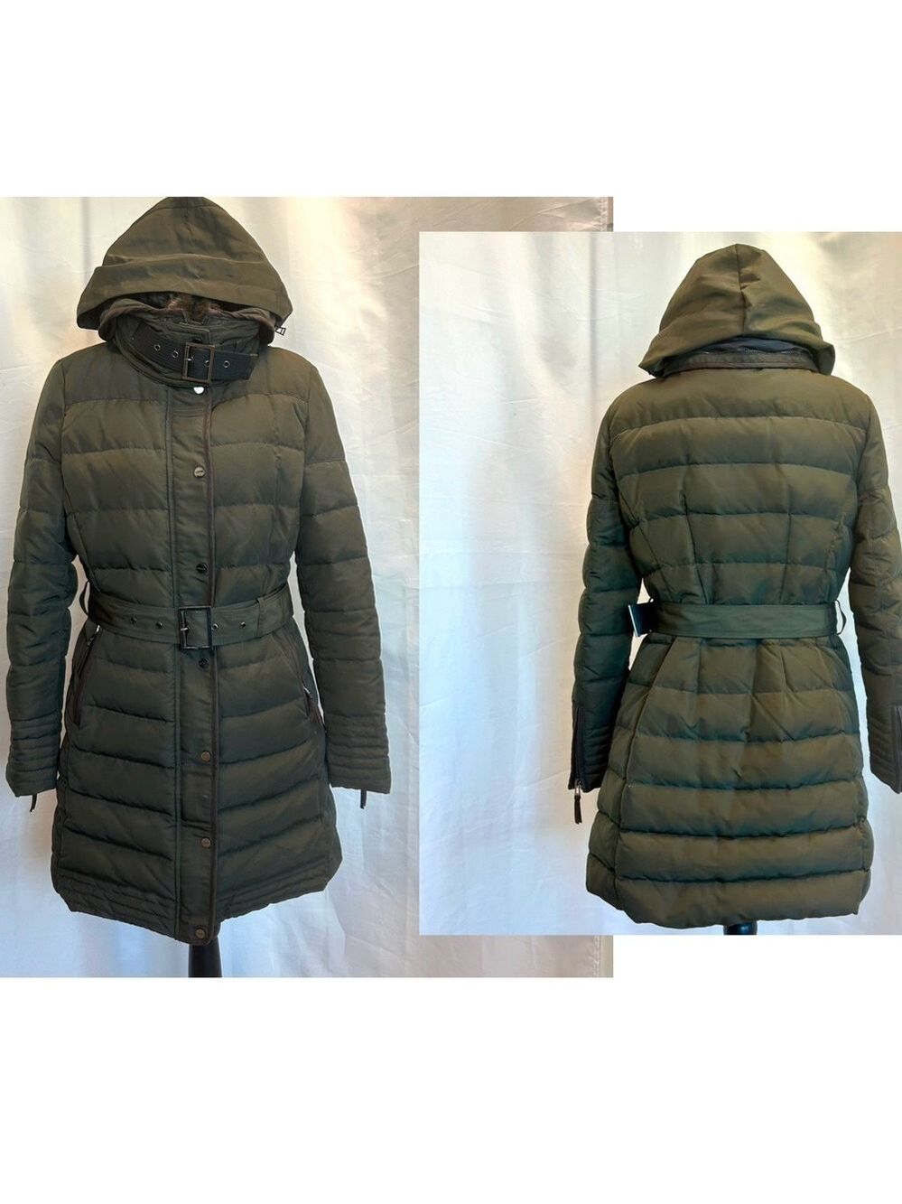 Zara dark olive army green puffer quilted full zip belted hooded coat jacket L